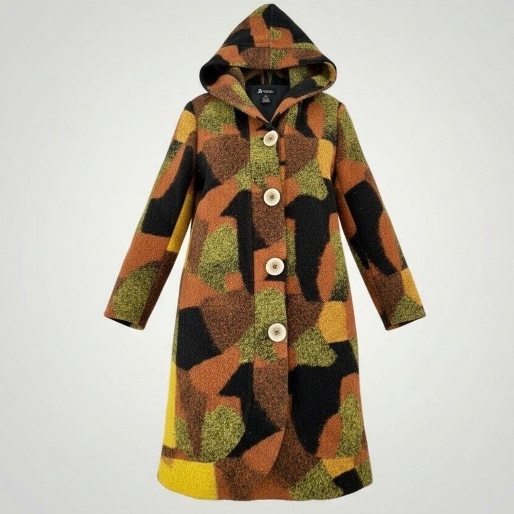 Alison Sheri Hooded Wool Coat Women Small Camo Art to Wear Eclectic Avant Garde